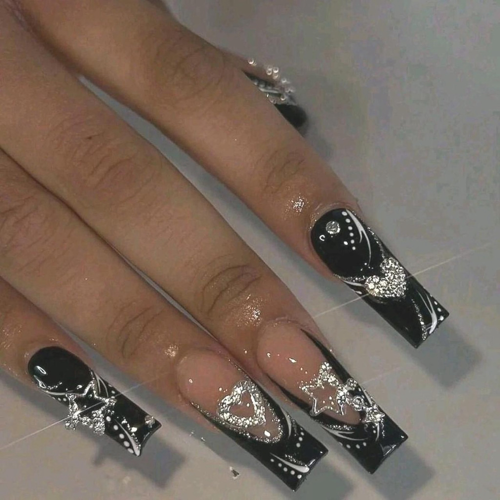 24PCS Black Goth fake nails Rhinestone Heart & Star Metal Stud Earrings New Sh